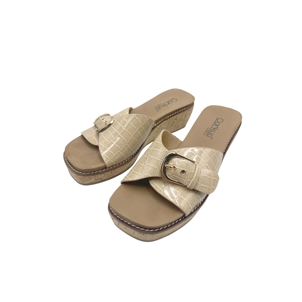 Corkys Womens Size 8 Beige Croc Embossed Buckle Cork Wedge Slide Sandals